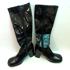 Women’s Glossy Solid Black Knee High Heeled Boots Wednesday Addams
